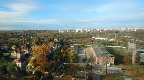 Zdjęcie zieleni miejskiej w jesiennej aurze na terenie Poznania. Pomiędzy zadrzewieniami widoczne zabudowania – na pierwszym planie to przede wszystkim kamienice zlokalizowane w sąsiedztwie alei Niepodległości. Poza nimi z prawej strony w dole zdjęcia dostrzegalny fragment budynku Wydziału Prawa i Administracji UAM. Miejscami teren przecięty szlakami komunikacyjnymi. W oddali zauważalne wysokie bloki mieszkalne. Górną część zdjęcia stanowi widok lekko zachmurzonego nieba.- kliknij aby powiększyć