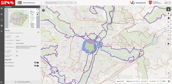 Widok okna przeglądarki internetowej. W centrum fragment kolorowej mapy. Na górze belka z logotypami SIPWW i Samorządu Województwa Wielkopolskiego.- kliknij aby powiększyć