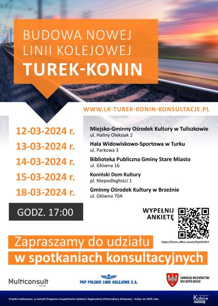 Plakat z terminami spotkań dotyczących budowy nowej linii kolejowej Turek - Konin- kliknij aby powiększyć
