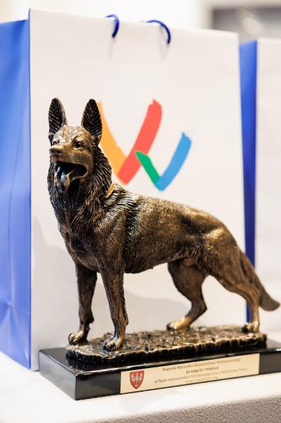 Marszałek Marek Woźniak wraz Tomaszem Olczykiem, Komendantem Wojewódzkim Policji w Poznaniu wręczyli statuetki oraz nagrody dla laureatów wojewódzkich eliminacji do XXII Kynologicznych Mistrzostw Policji- kliknij aby powiększyć