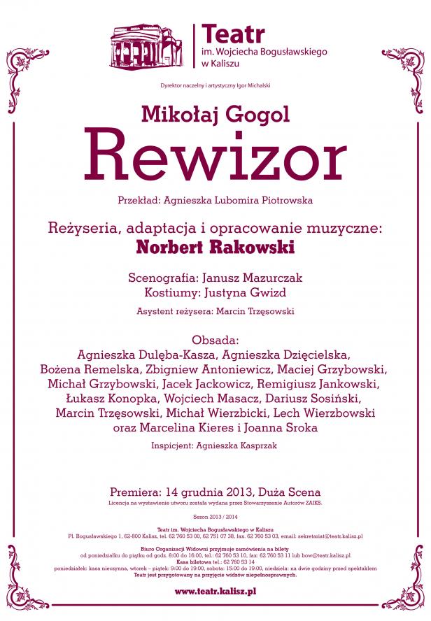PREMIERA SPEKTAKLU „REWIZOR” W TEATRZE IM. W. BOGUSŁAWSKIEGO W KALISZU - zobacz więcej