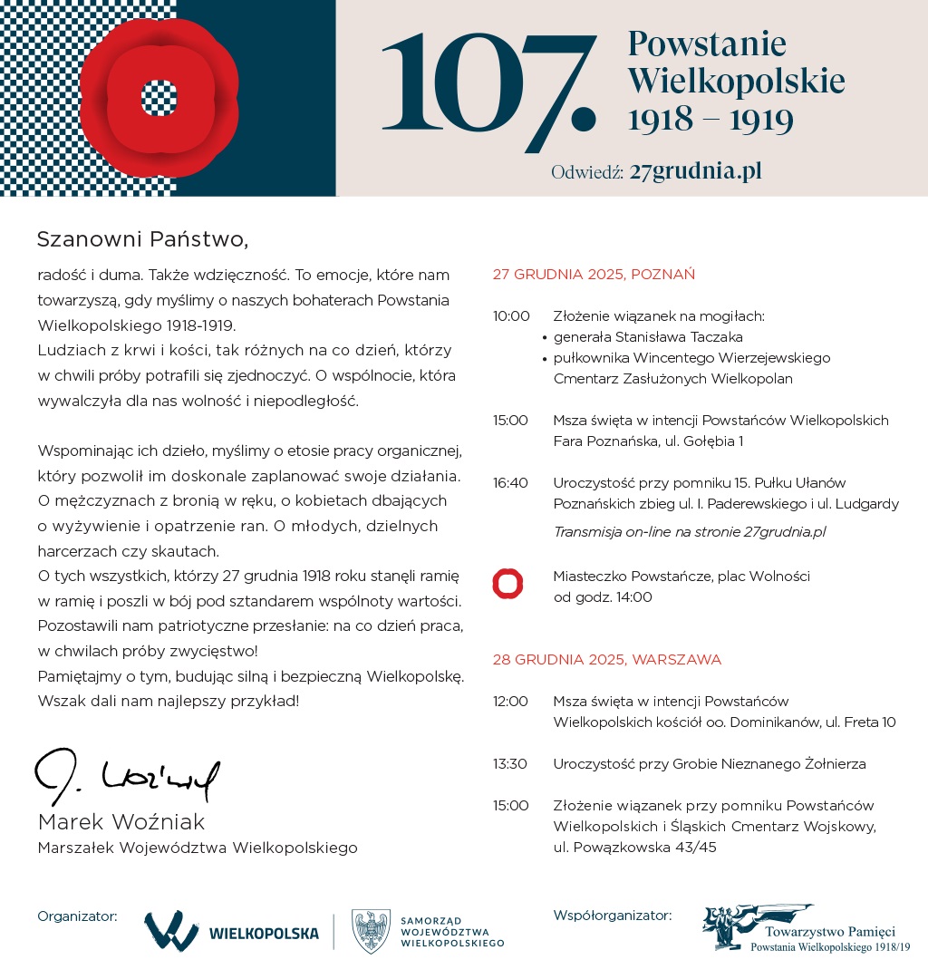 Apel Marszałka na 107. rocznicę wybuchu Powstania Wielkopolskiego