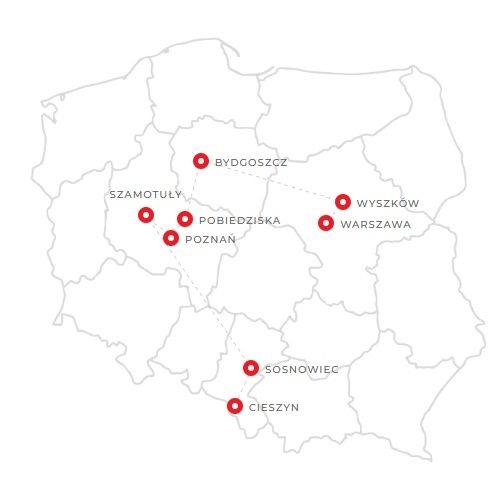 Kontur Polski z zaznaczonymi miejscowościami związanymi z polskimi kryptologami